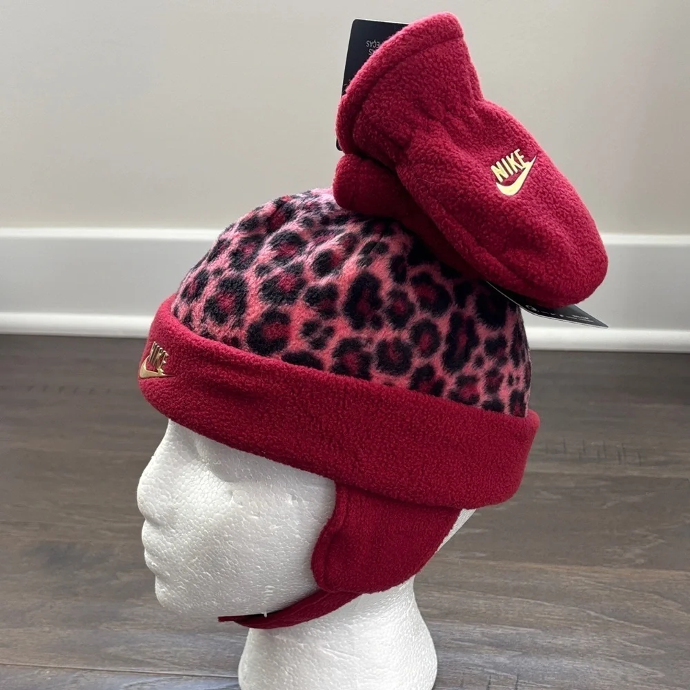 Nike Infant 2pc.Earflap Hat & Mittens, leopard print,gold logo,velcro chin